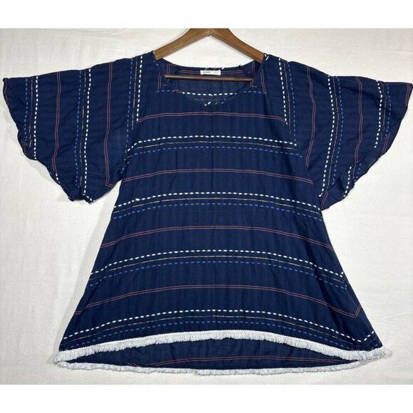 Mettle‎ Blue Short Sleeve Blouse Flutter Sleeve Fringe Women’s L - Picture 1 of 6